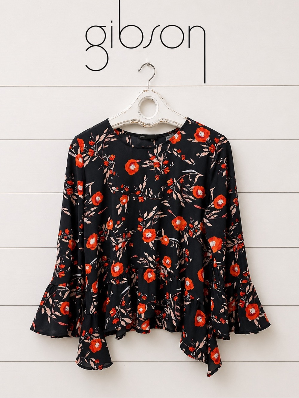 GIBSON Floral Blouse L – Navy/Red